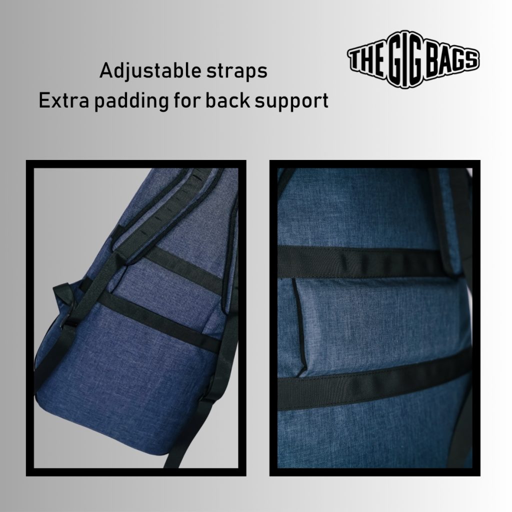 blue bass guitar case with pockets