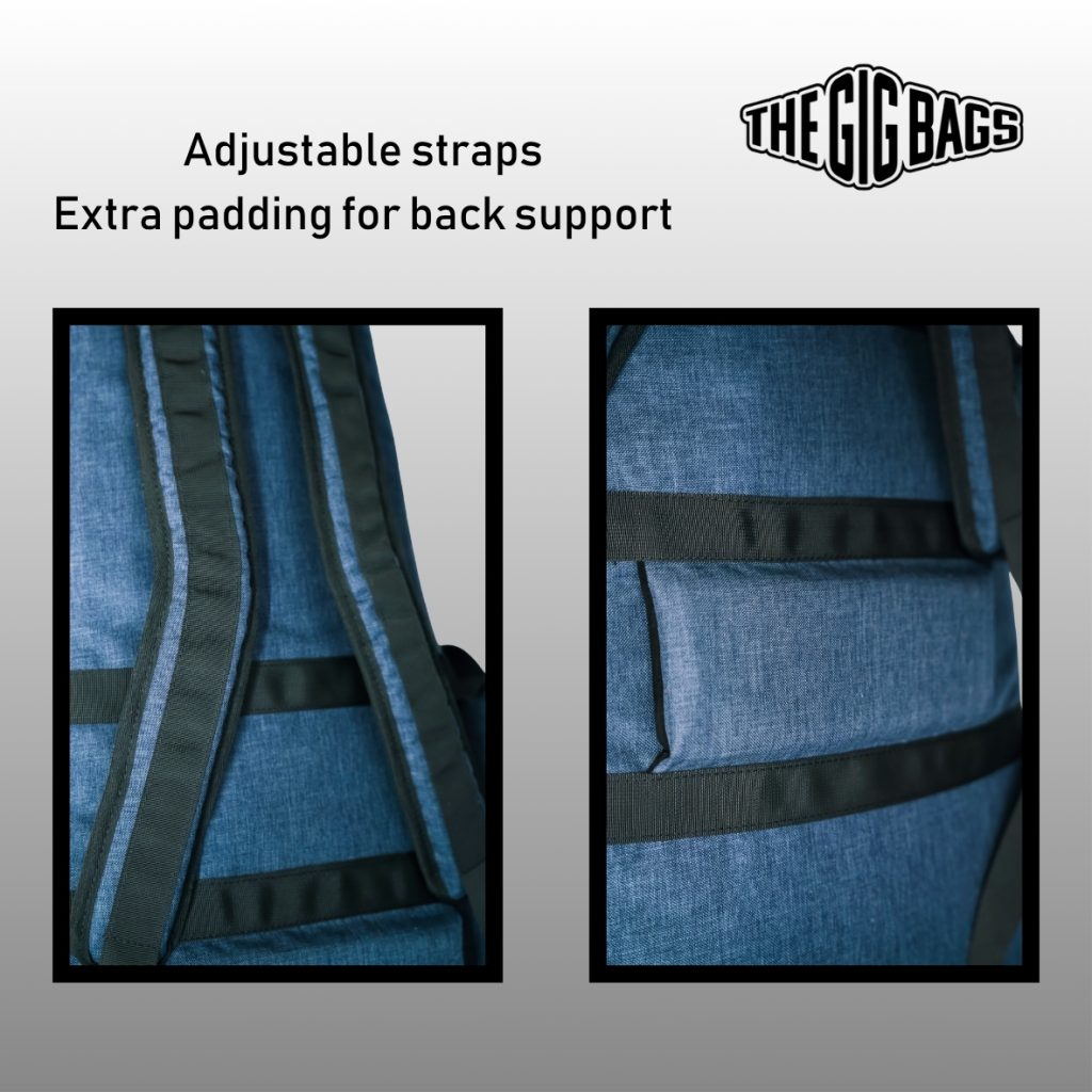 dark blue bass guitar with bag carry straps